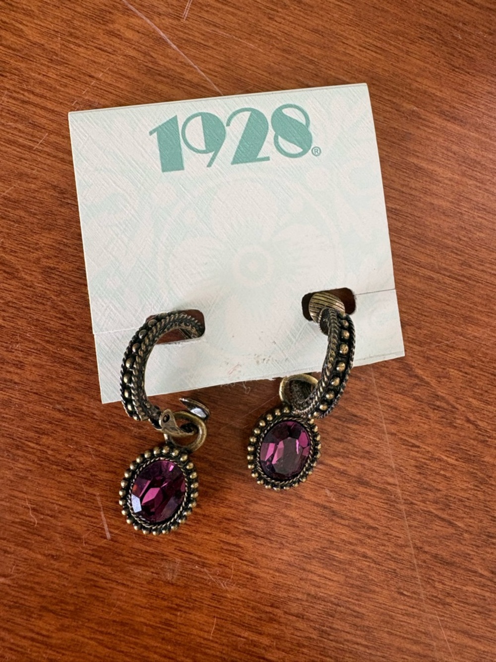 1928 Gold-Tone Purple Crystal Drop Earrings CLIP ON